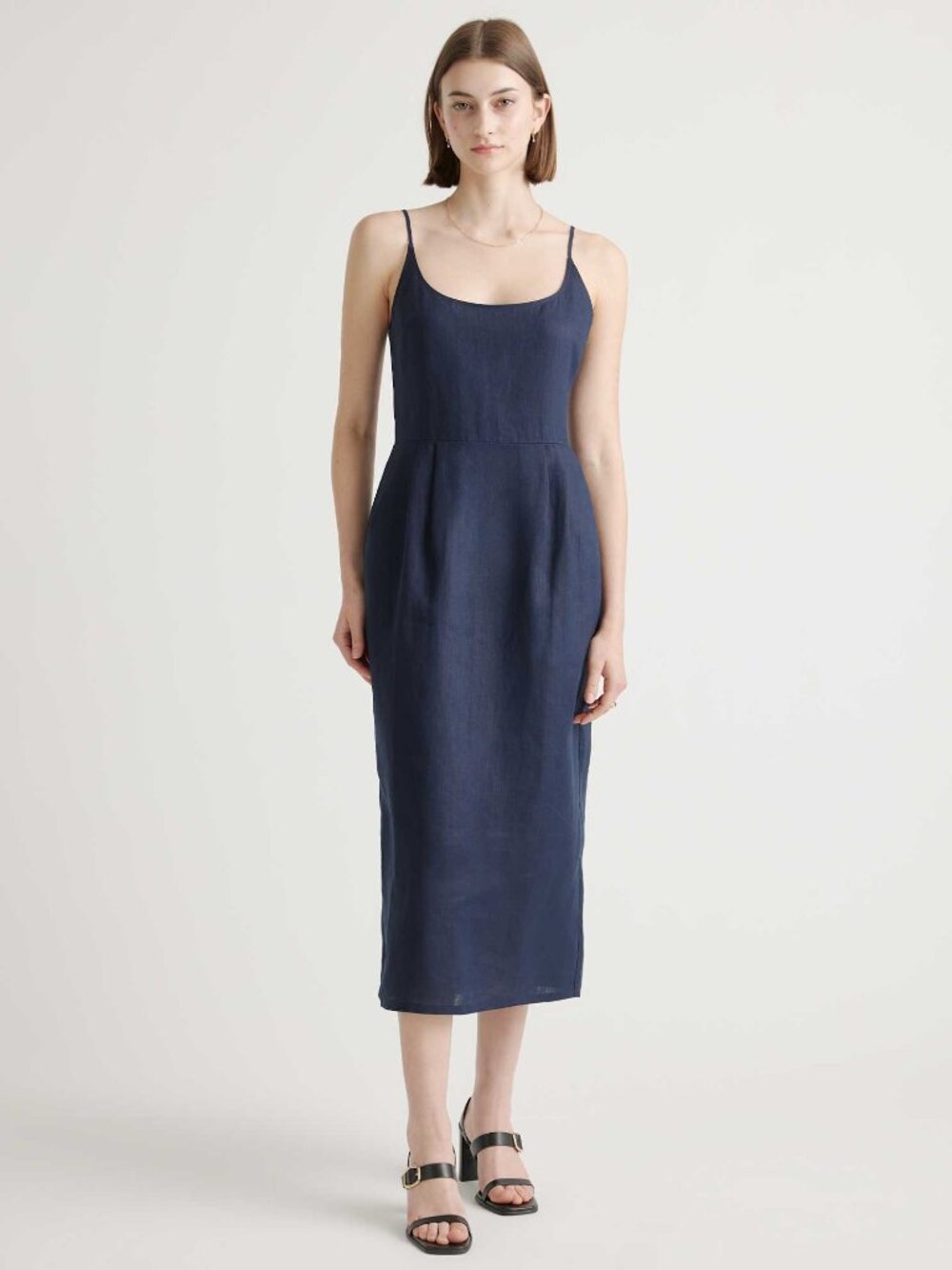 Quince Navy Blue Linen Midi Slip Dress